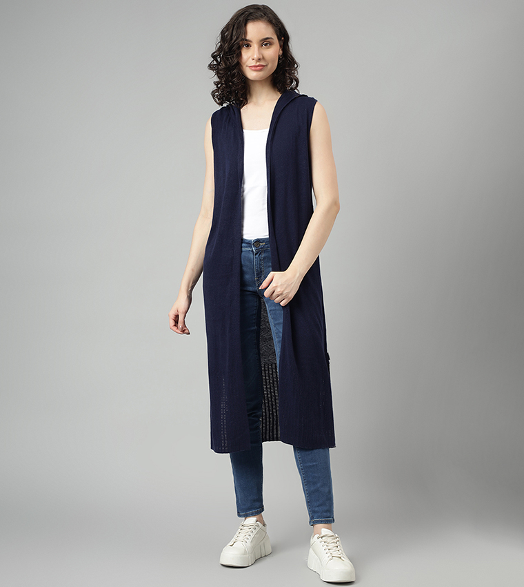 Knitted Sleeves Cardigan with Hoodie
