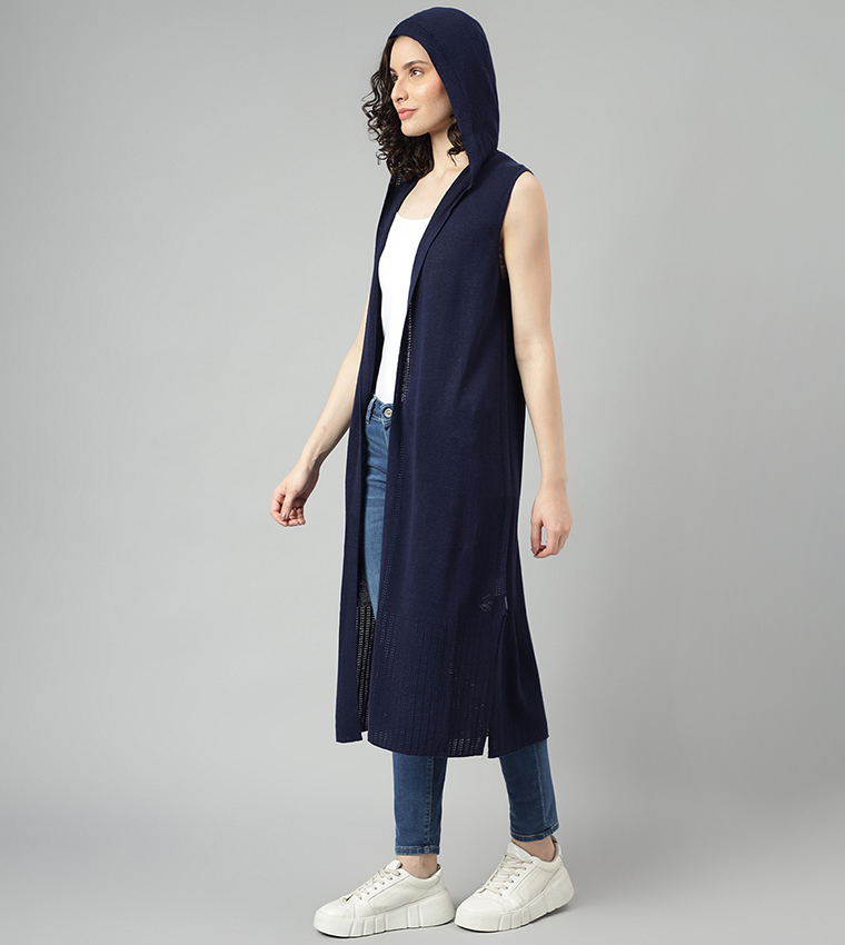 Knitted Sleeves Cardigan with Hoodie