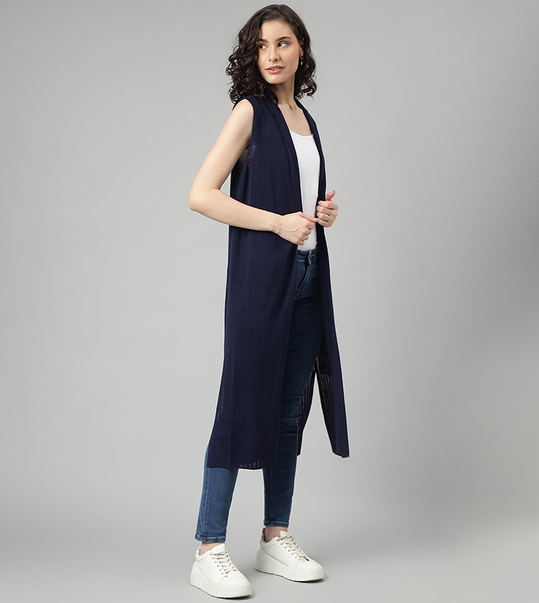Knitted Sleeves Cardigan with Hoodie