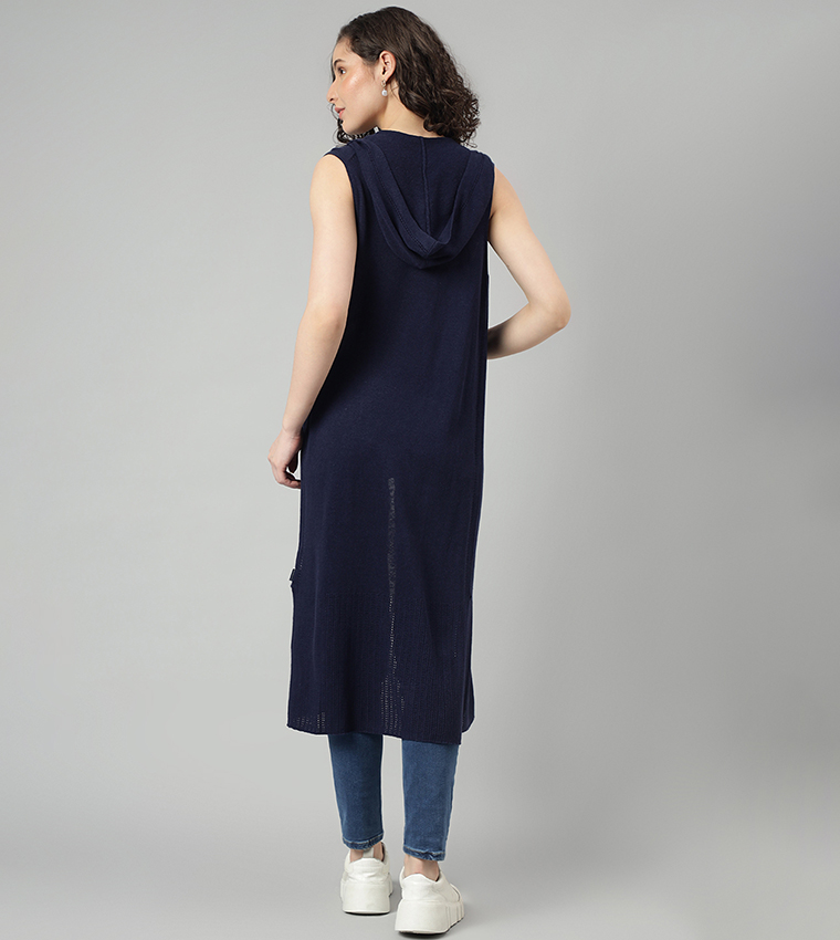 Knitted Sleeves Cardigan with Hoodie