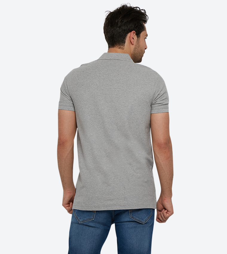 Embroidered Brand Logo Detail Short Sleeve Polo Shirt - Grey