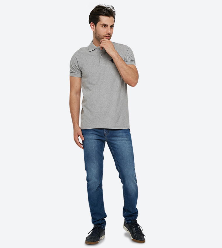 Embroidered Brand Logo Detail Short Sleeve Polo Shirt - Grey