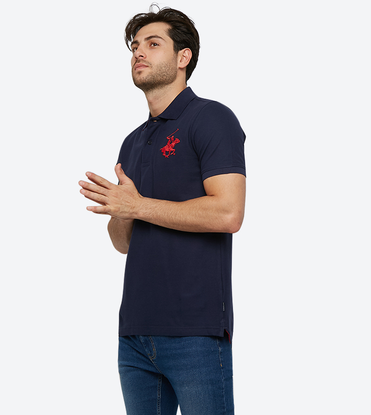 Embroidered Brand Logo Detail Short Sleeve Polo Shirt - Navy