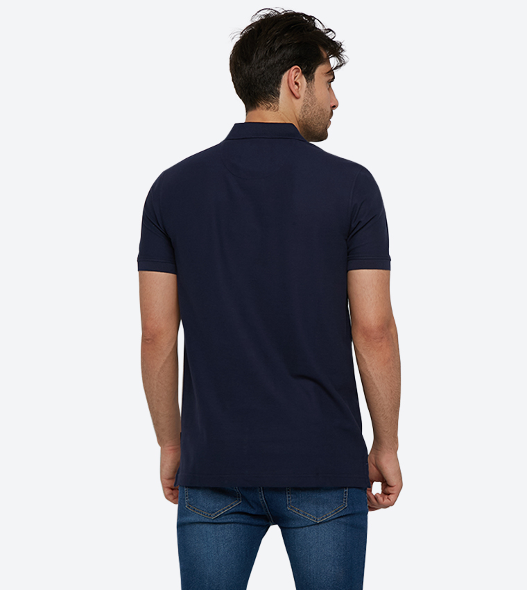 Embroidered Brand Logo Detail Short Sleeve Polo Shirt - Navy
