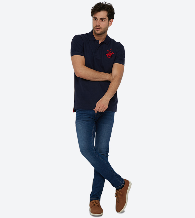 Embroidered Brand Logo Detail Short Sleeve Polo Shirt - Navy
