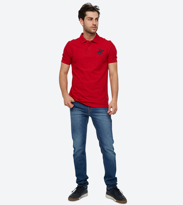 Embroidered Brand Logo Detail Short Sleeve Polo Shirt - Red