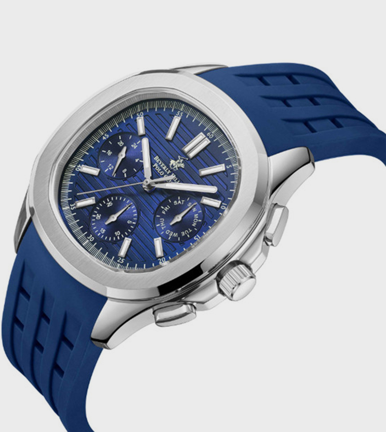 ساعة متعددة الوظائف بسوار سيليكون بخلفية زرقاء