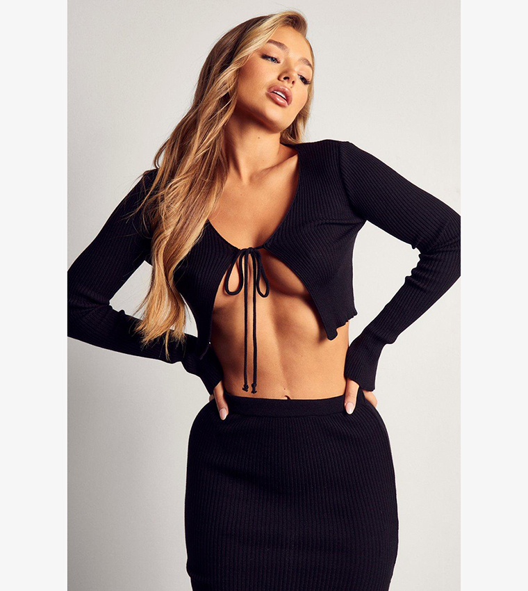 Buy MissPap Tie Detail Knitted Top And Midi Skirt Co Ord Set In Black 6thStreet Bahrain