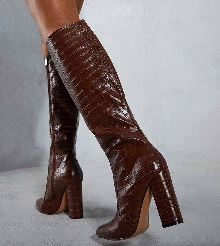 Buy MissPap Croc Knee High Heeled Boots In Brown 6thStreet Bahrain