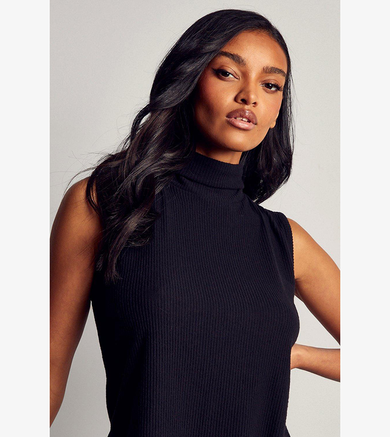 Black roll neck sleeveless top hotsell