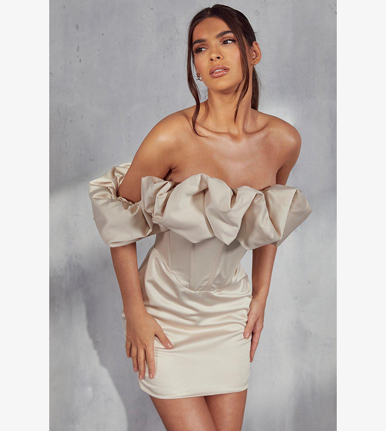 beige bardot dress Wholesale Slinky Bardot Dress With Knot Drape Detail – Stylewise Direct
