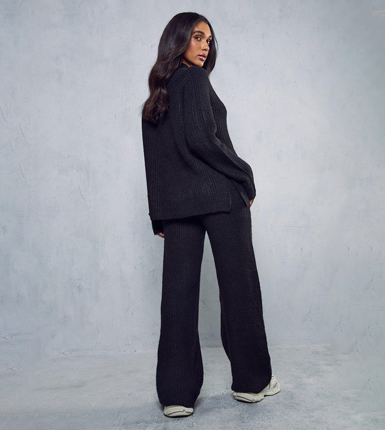 Buy MissPap High Neck Ribbed Knit Trousers Co Ord Set In Black
