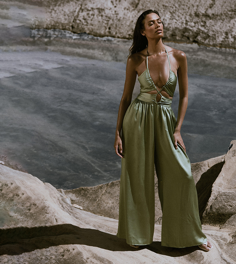 Textured Satin Strappy Cut Out Jumpsuit