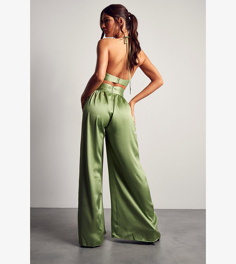 Buy MissPap Textured Satin Strappy Cut Out Jumpsuit In Green