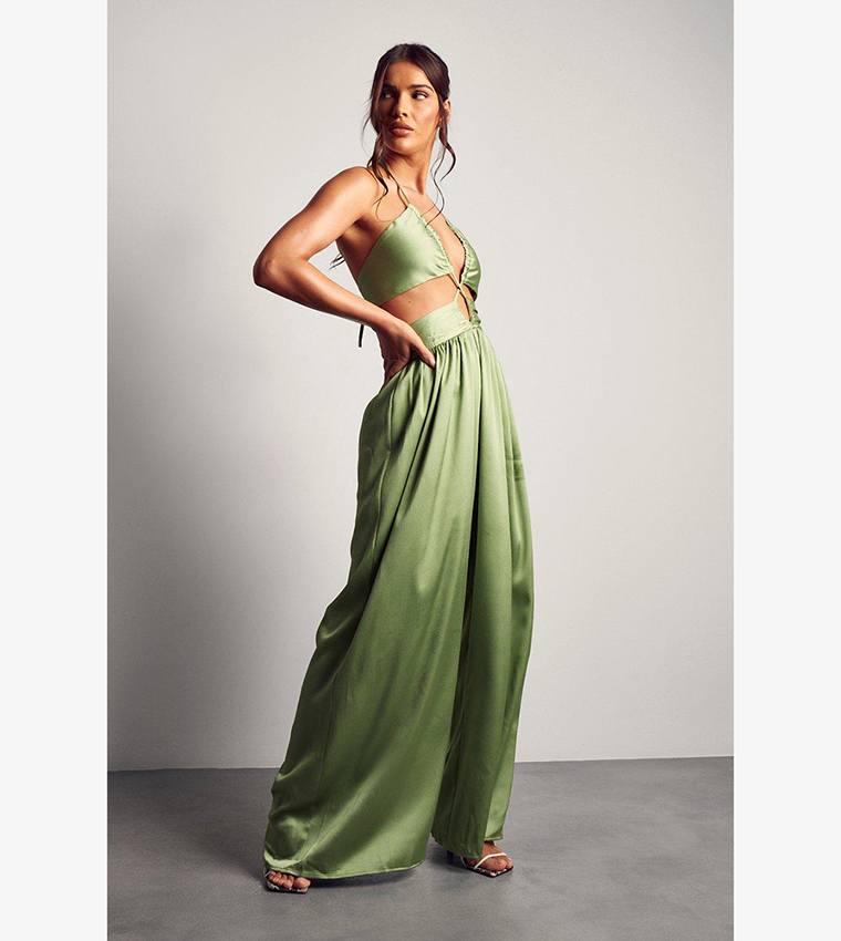 Textured Satin Strappy Cut Out Jumpsuit