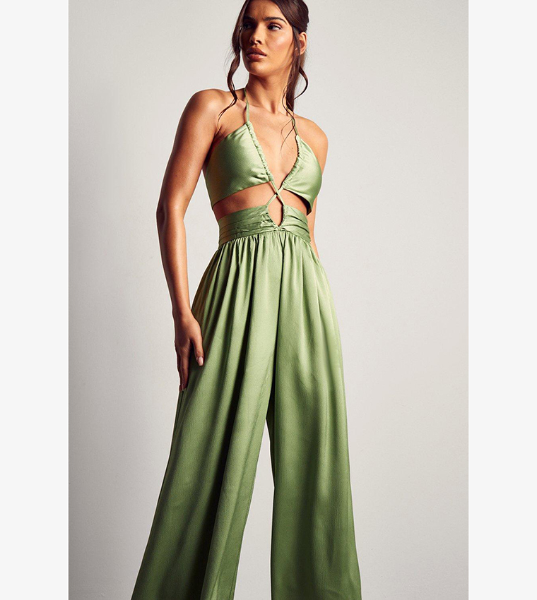 Textured Satin Strappy Cut Out Jumpsuit