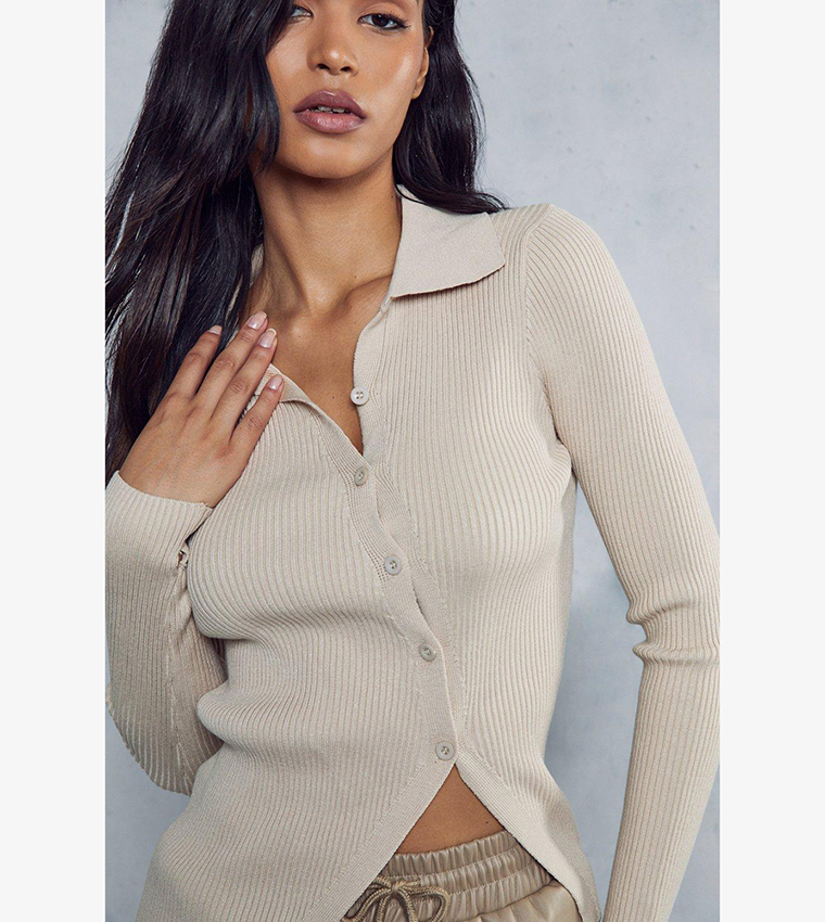 Buy MissPap Ribbed Knit Asymmetric Button Down Top In Beige