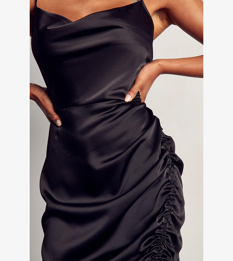 Buy MissPap Satin Ruched Side Strappy Slip Dress In Black