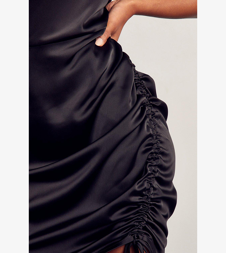Black Satin Slip Dress With Ruched Side