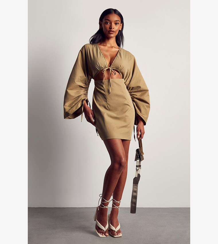 Buy MissPap Ruched Sleeves Strappy Shirt Dress In Khaki 6thStreet Bahrain