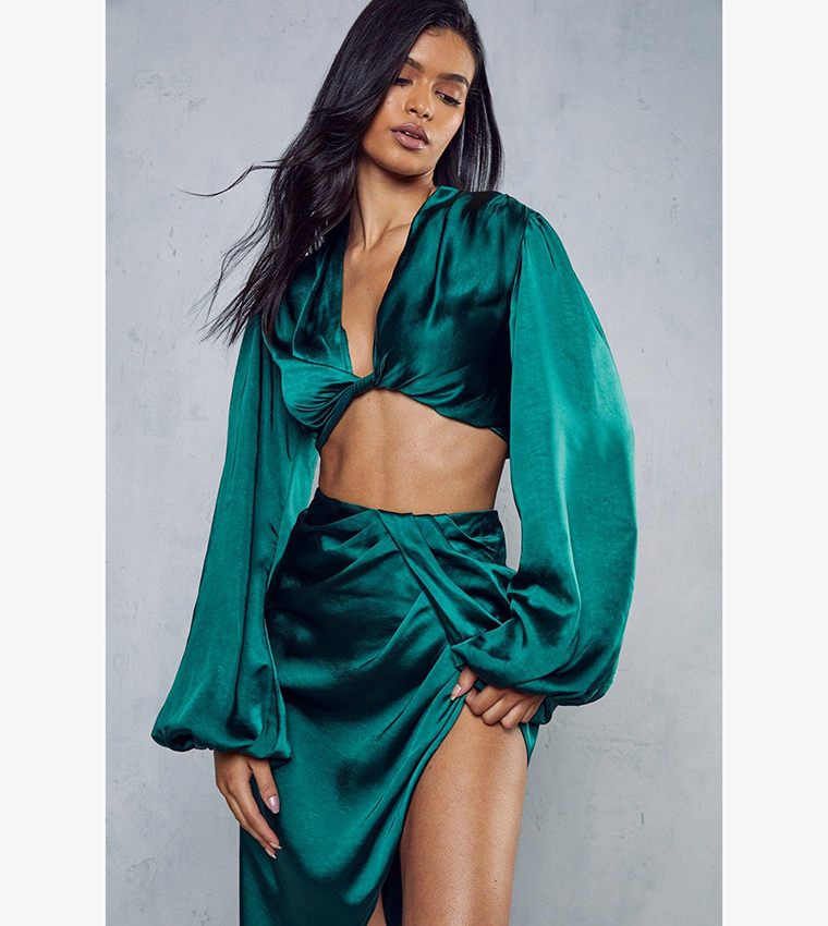 Buy MissPap Satin Shirt And Asymmetric Skirt Co Ord Set In Green 6thStreet Qatar