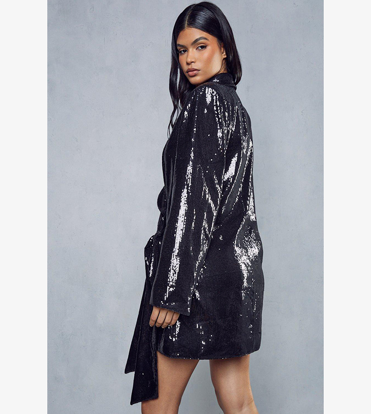 V-Neck Wrapover Front Tie-Up Black Sequin Dress