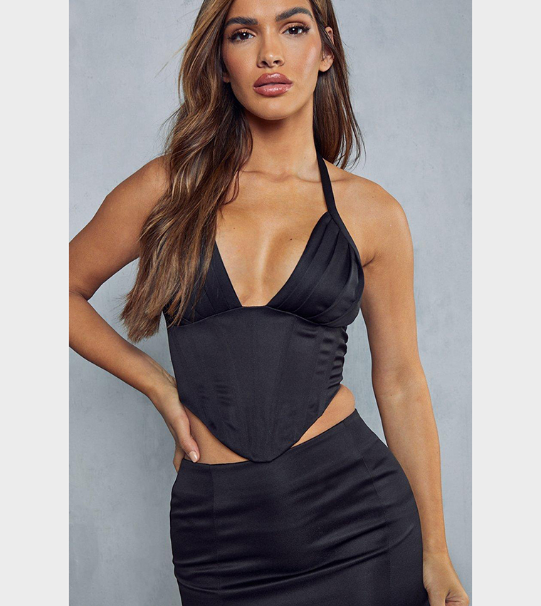 Buy Misspap Lexi Wood Satin Halter Neck Corset Top In Black 6thstreet Qatar 6541