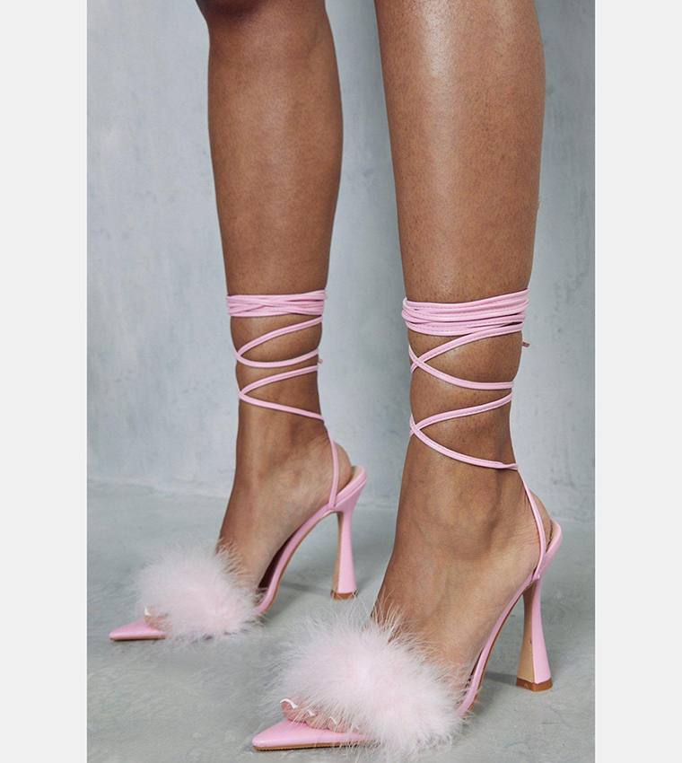 Buy MissPap Contrast Lace Up Feather Heel Sandals In Pink