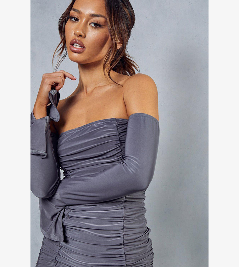 Charcoal grey ribbed long sleeve outlet bardot ruched bodycon dress