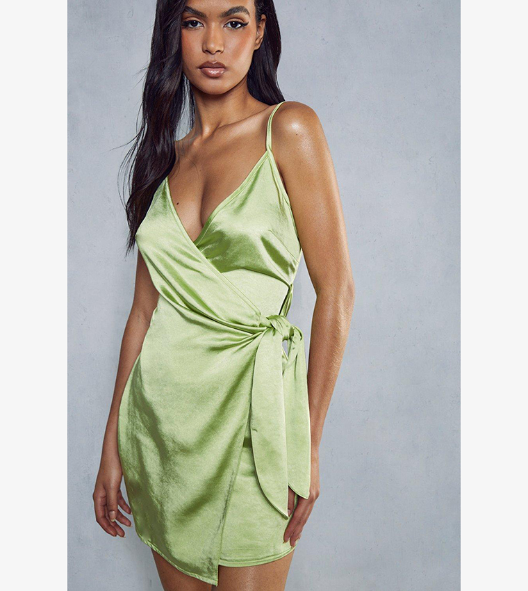 Buy MissPap Premium Textured Satin Wrap Mini Dress In Green 6thStreet Bahrain