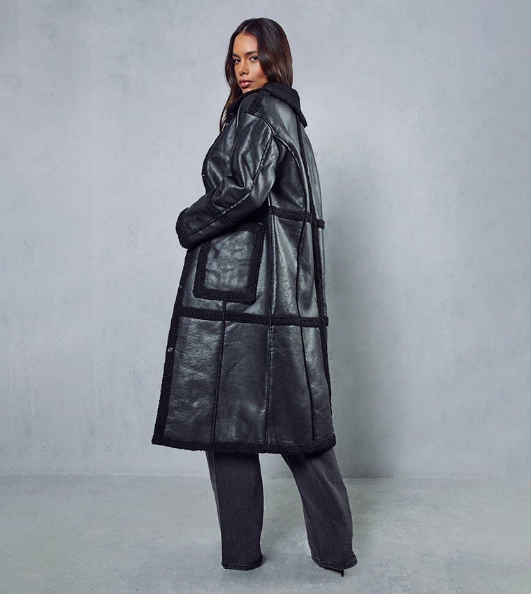 Buy MissPap Leather Look Longline Aviator Coat In Black 6thStreet Qatar