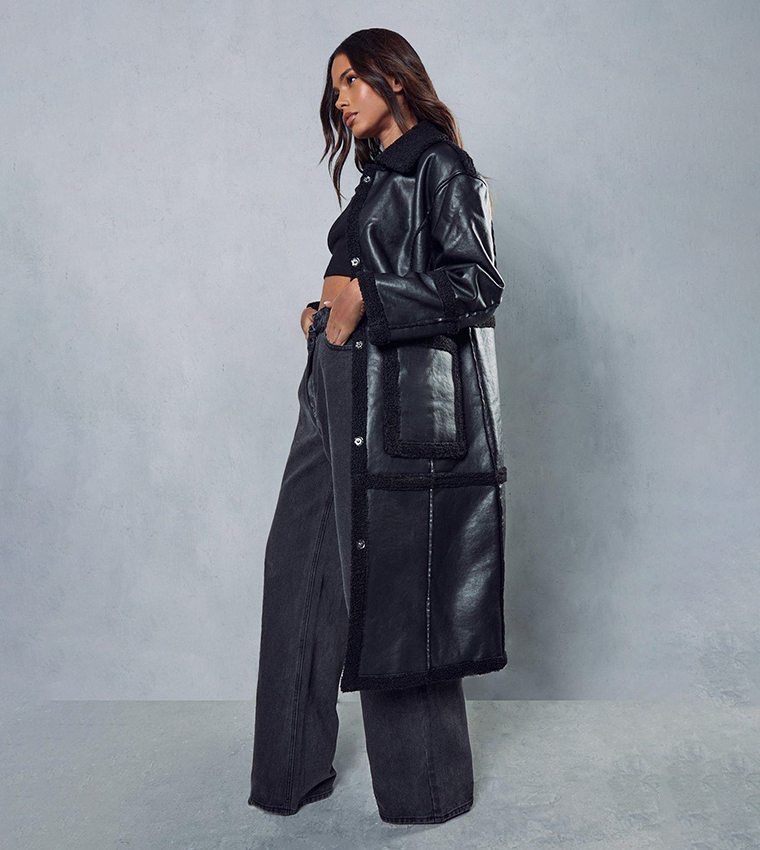 Buy MissPap Leather Look Longline Aviator Coat In Black 6thStreet Qatar