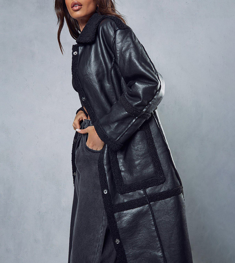 Buy MissPap Leather Look Longline Aviator Coat In Black 6thStreet Qatar