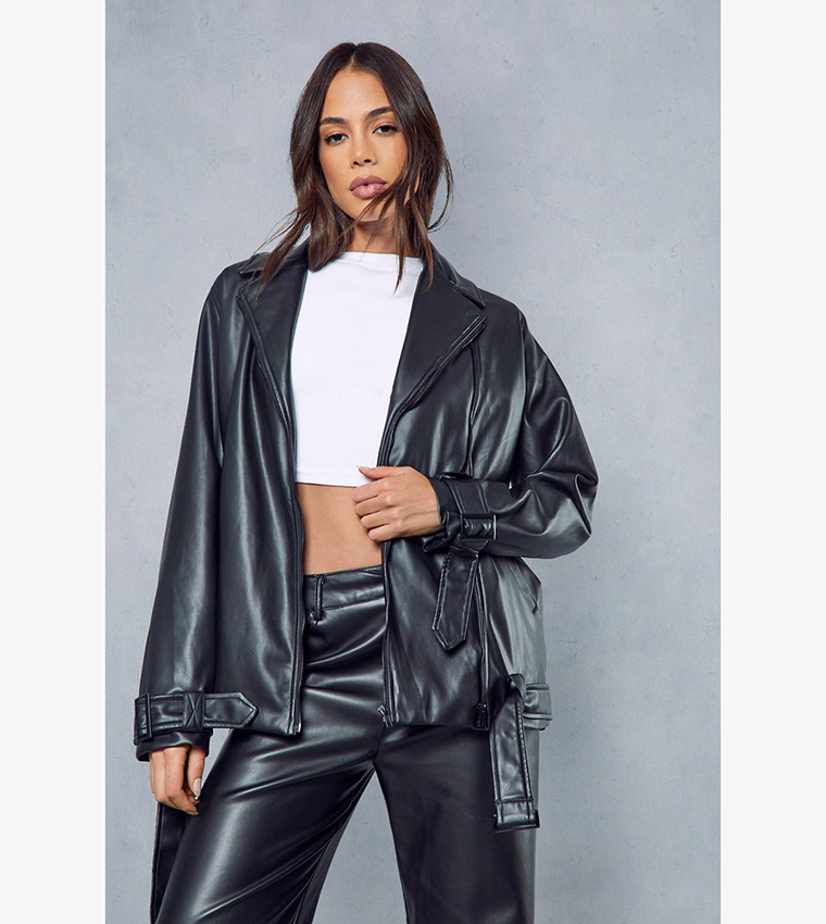 Buy MissPap Premium Leather Look Biker Jacket In Black 6thStreet Kuwait