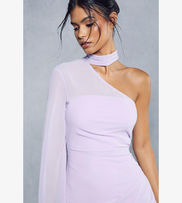 Sheer Overlay Ruched Choker Neck Asymmetric Midi Dress
