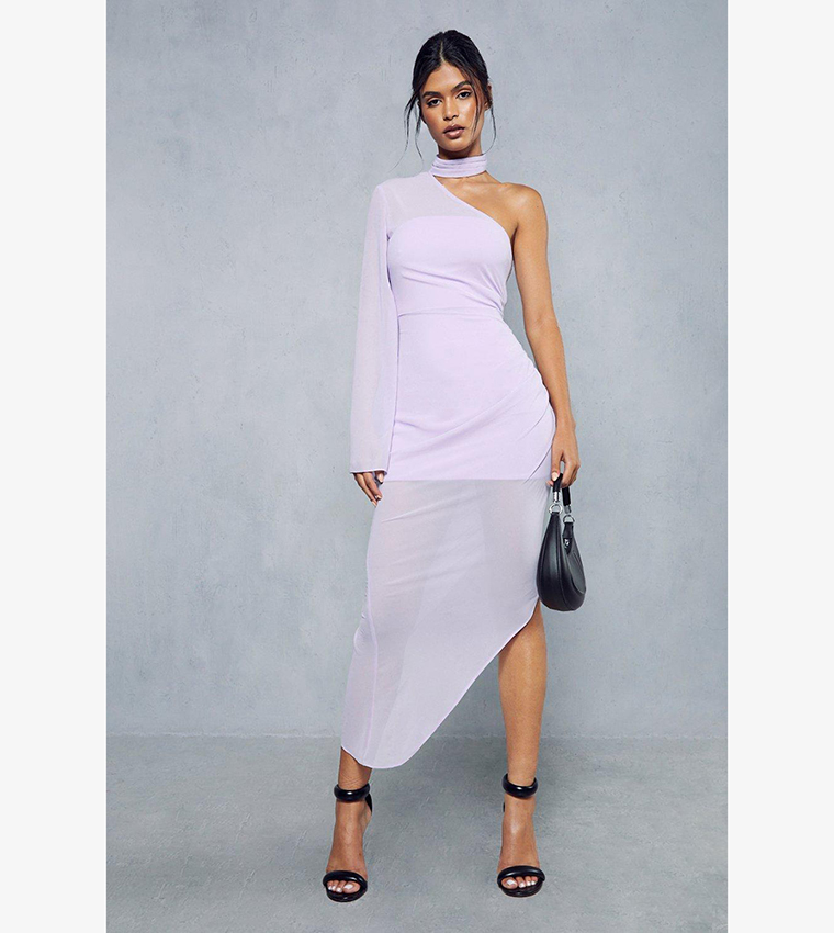 Sheer Overlay Ruched Choker Neck Asymmetric Midi Dress
