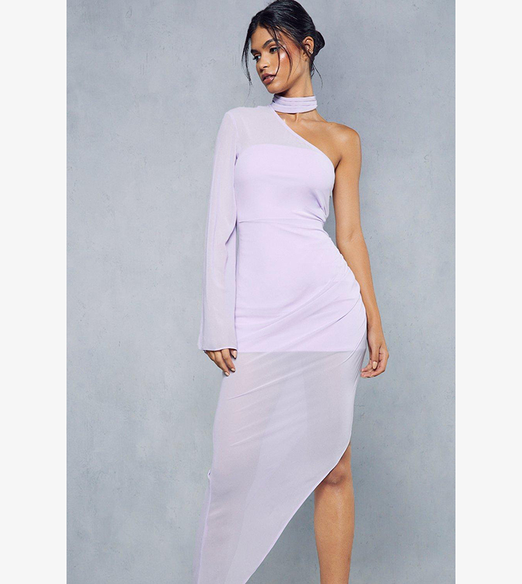 Sheer Overlay Ruched Choker Neck Asymmetric Midi Dress