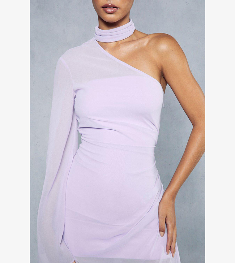 Sheer Overlay Ruched Choker Neck Asymmetric Midi Dress
