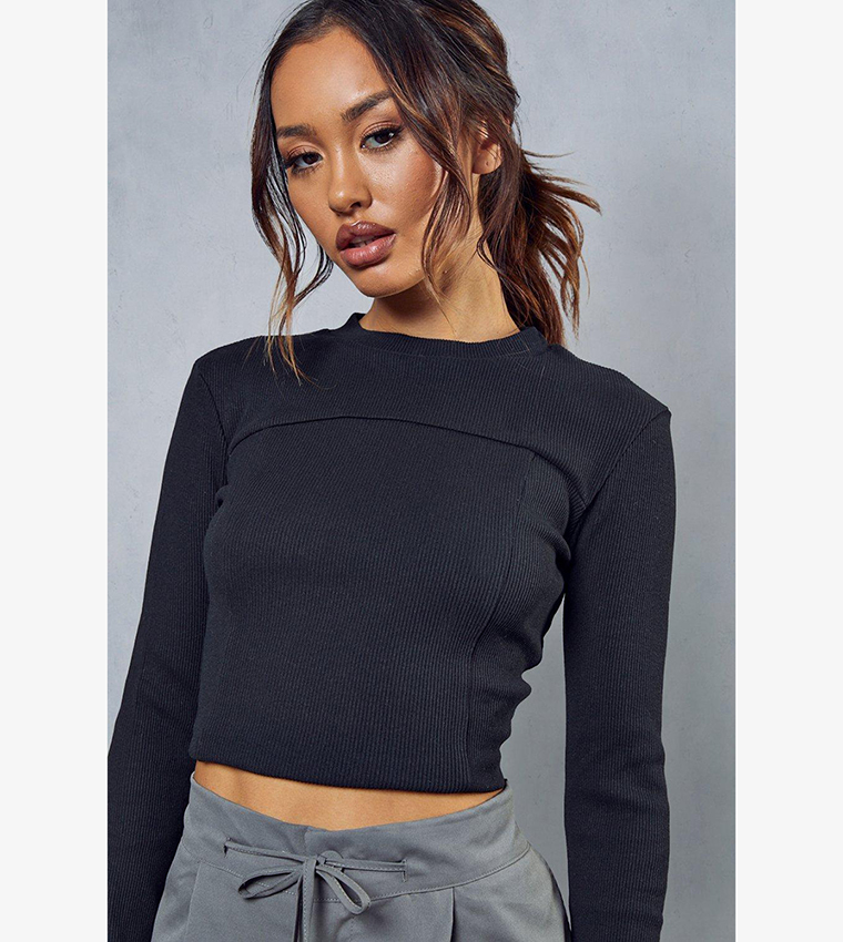 Buy Misspap Ribbed Long Sleeves Seam Detail Top In Black 6thstreet Kuwait 8861