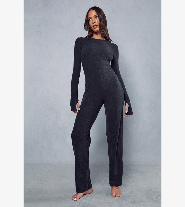 Black Thumbhole Open Back Jersey Jumpsuit