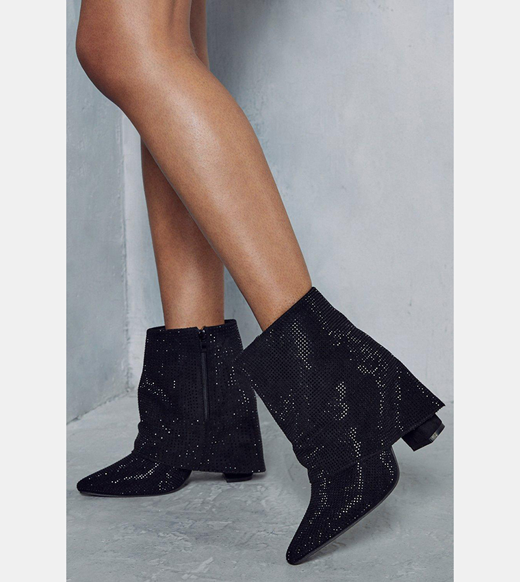 Premium Diamante Fold Over Ankle Boots