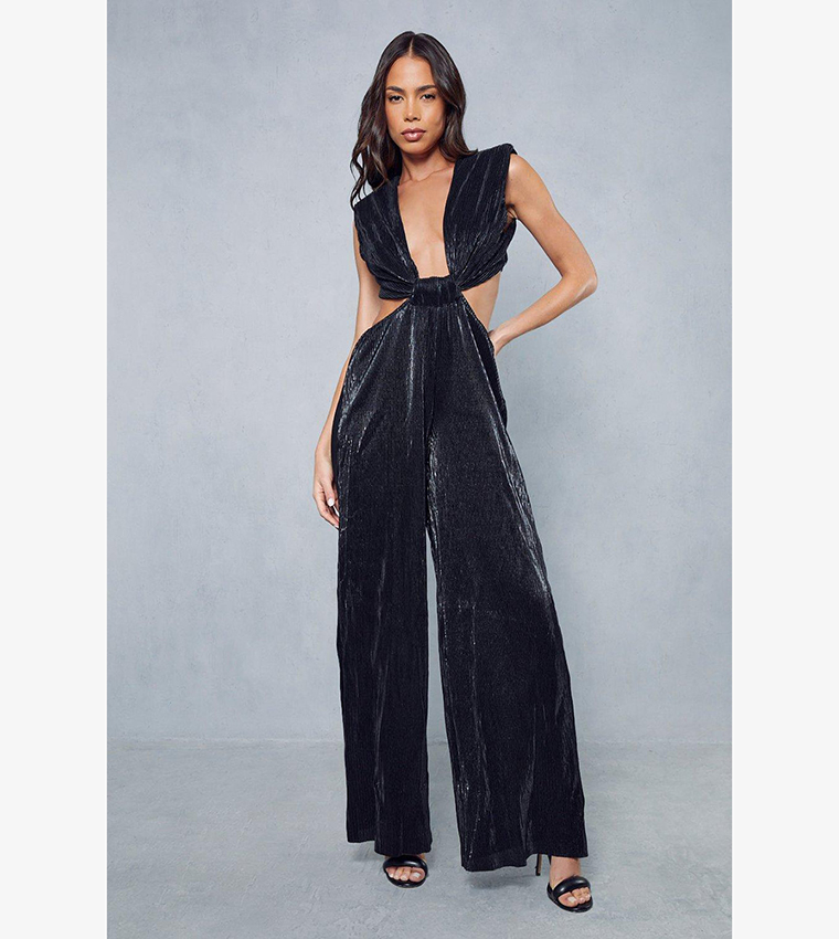 Gold metallic sheer plisse wide leg jumpsuit on sale