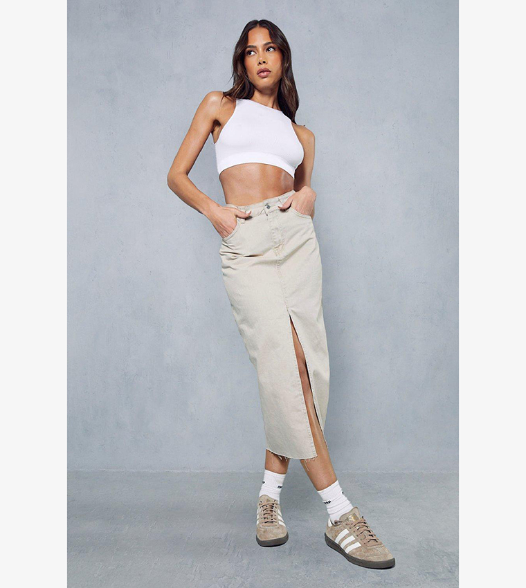 Buy MissPap Denim Split Front Midi Skirt In White 6thStreet Bahrain