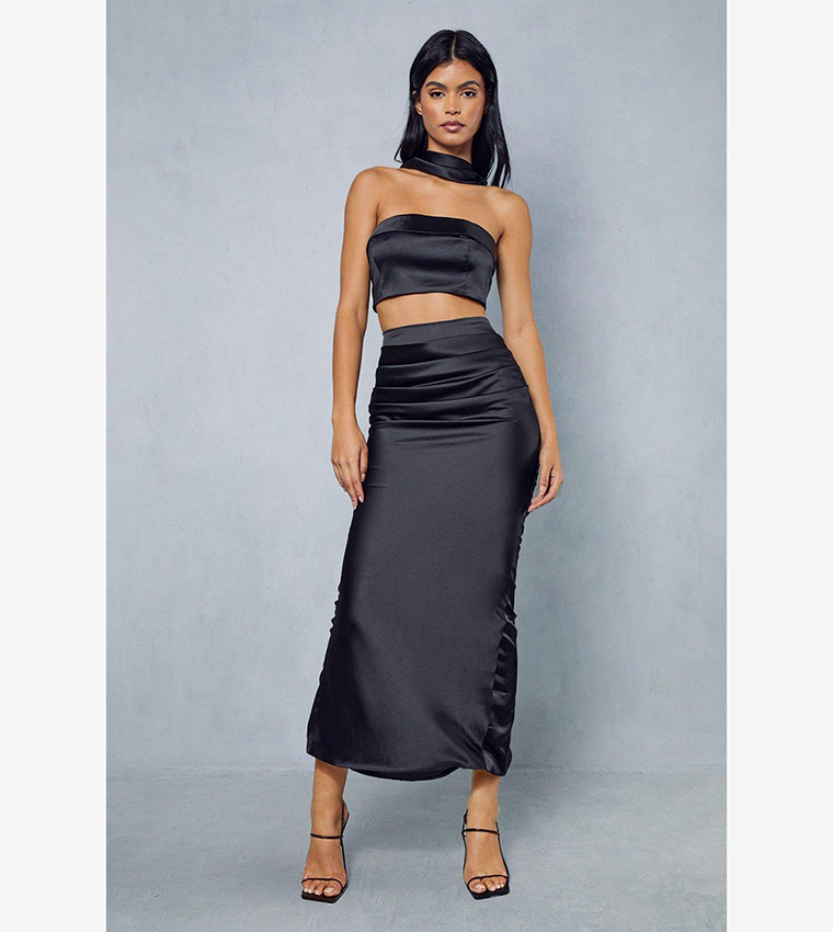 Satin Cropped Shirt Skirt Coord
