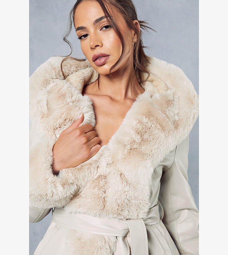 Buy MissPap Faux Fur Leather Look Belted Coat In White