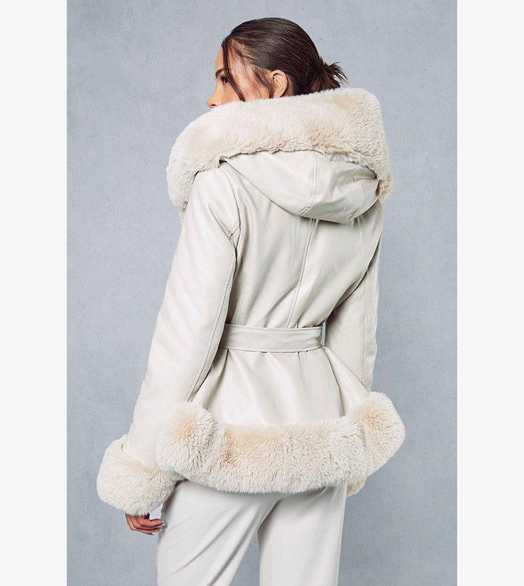 Womens Cream Faux Leather Faux Fur Belted Jacket –
