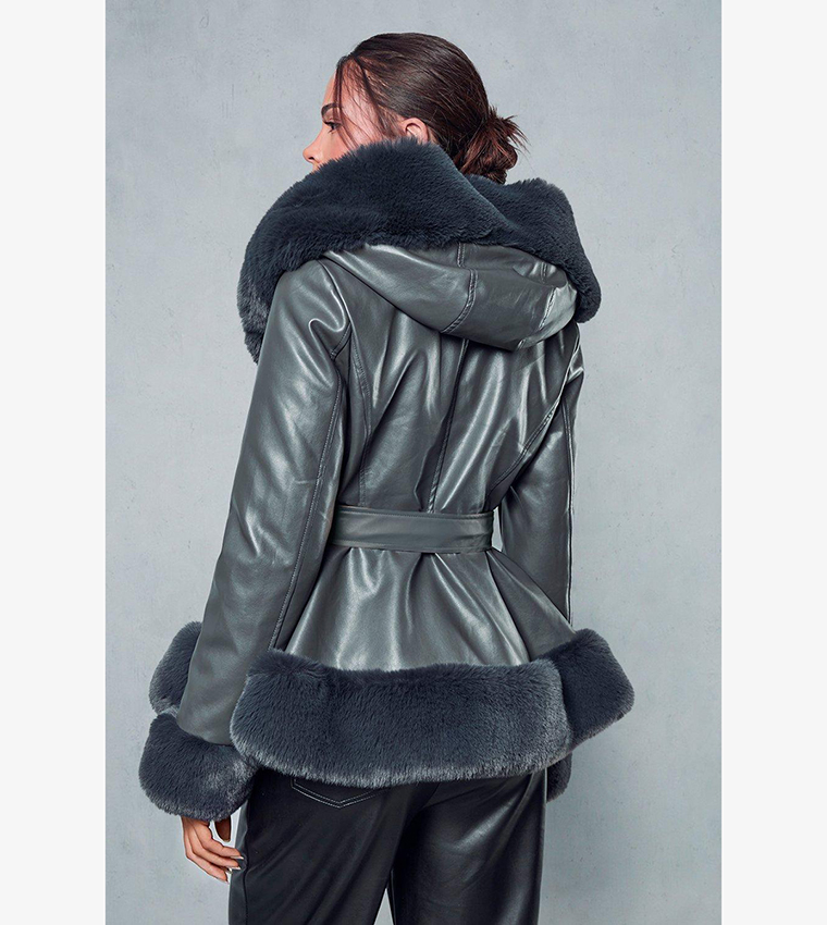 Buy MissPap Faux Fur Leather Look Belted Coat In Grey 6thStreet UAE