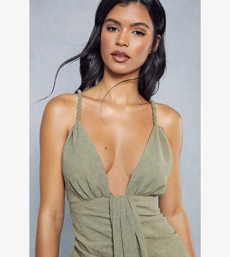 Sage Green Textured Halter Strap Bodycon Dress