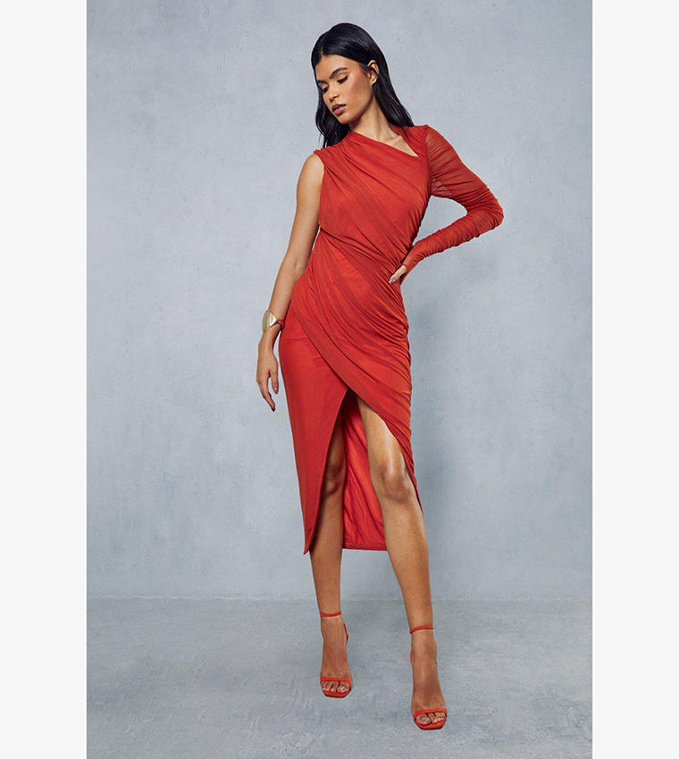 One shoulder shop wrap dress