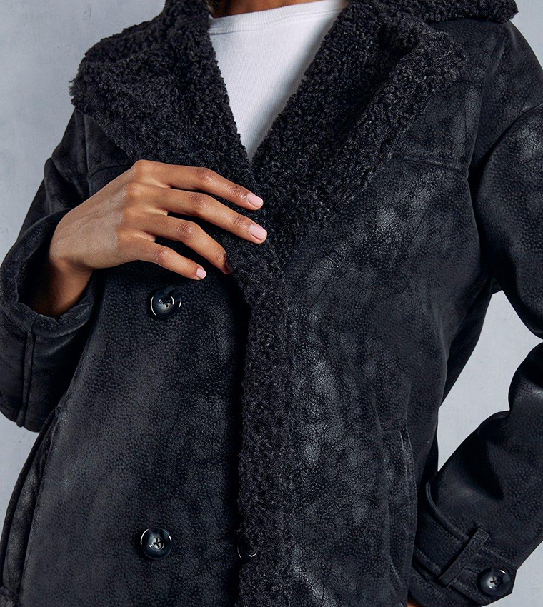 Curve Vinyl Longline Coat With Borg